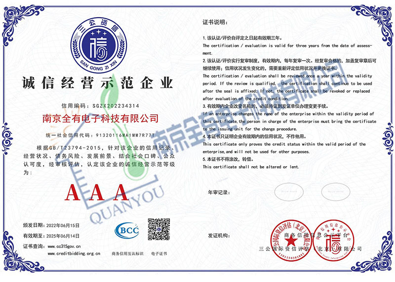 诚信经营示范企业证书